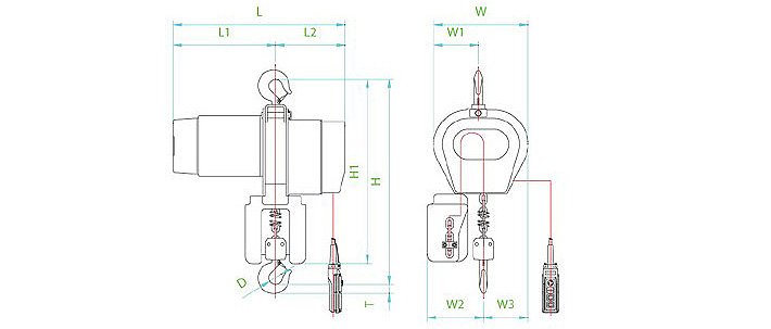DE型進口環(huán)鏈電動葫蘆結構尺寸圖片